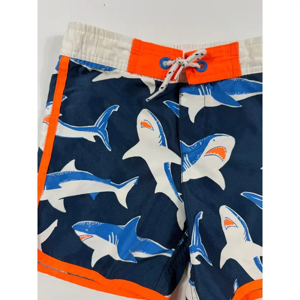 Mini Boden Shark Rash Guard Swim Trunks Set Orange Blue Size 6-7 year boys